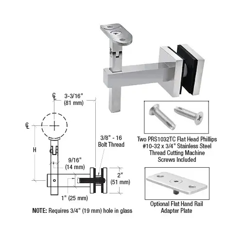 Polished Stainless Huntington Series Glass Mounted Hand Rail Bracket