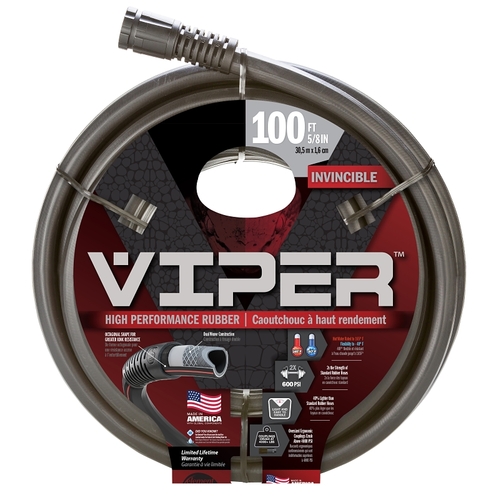 Viper Garden Hose, 5/8 in, 100 ft L, Rubber, Black