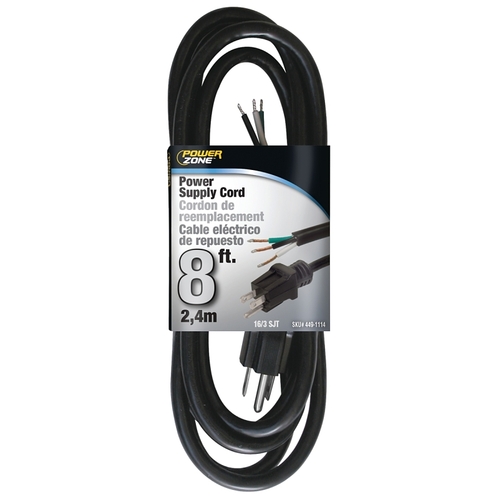 Power Cord, 8 ft L, 13 A, 125 V, Black