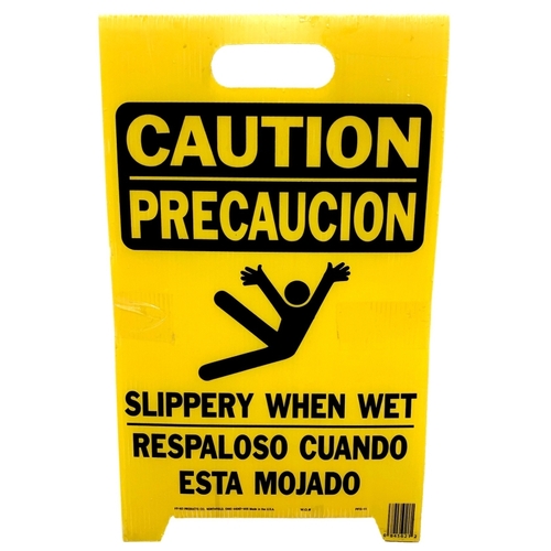 Hy-Ko PFS-11 Caution Wet Floor Sign, 12-1/4 in W, Yellow Background, CAUTION SLIPPERY WHEN WET, English and Spanish
