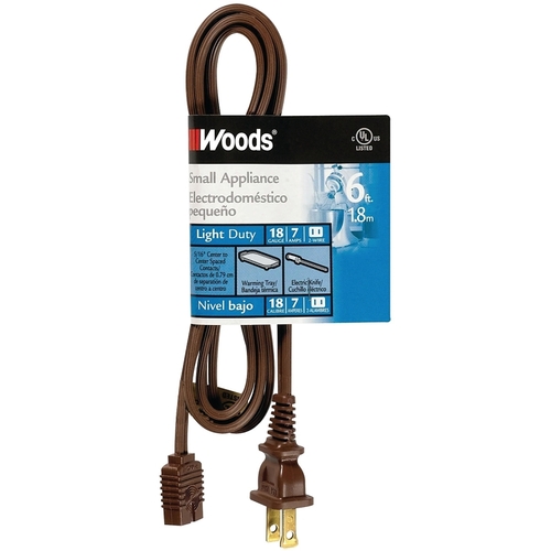 Extension Cord, 6 ft L, 6 A, 125 V, Brown