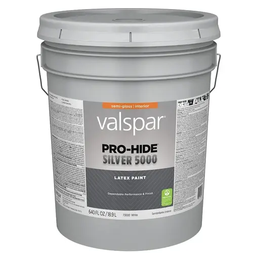Valspar Pro-Hide Silver 5000 7300 Latex Paint, Water Base, Semi-Gloss Sheen, White Base, 5 gal