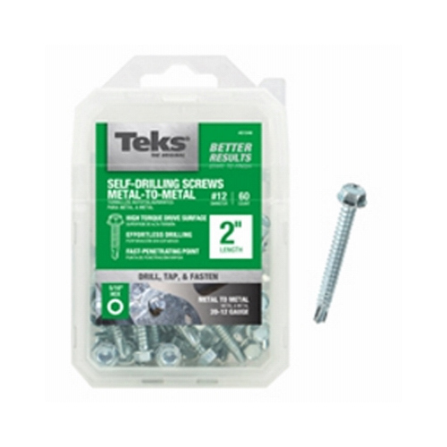 Teks 21348 Screw, #12 Thread, 2 in L, Coarse Thread, Hex Drive, Self-Drilling, Self-Tapping Point, Steel, Zinc - pack of 60