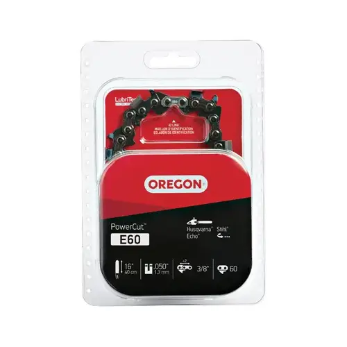 Oregon E60 PowerCut Chainsaw Chain, 16 in L Bar, 0.05 Gauge, 3/8 in TPI/Pitch, 60-Link