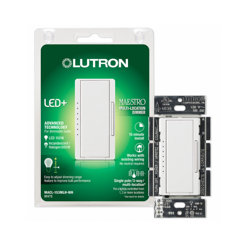 Lutron MACL-153MLH-WH Maestro C.L Dimmer, 1.25 A, 120 V, 150 W, CFL, Halogen, Incandescent, LED Lamp, 3-Way, White