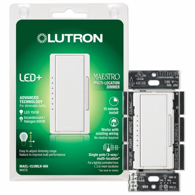 Lutron MACL-153MLH-WH Maestro C.L Dimmer, 1.25 A, 120 V, 150 W, CFL, Halogen, Incandescent, LED Lamp, 3-Way, White