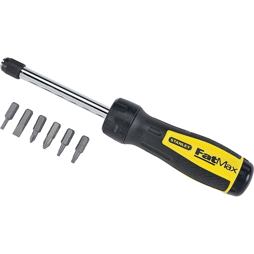 Ratcheting Screwdriver, 6-in-1 Drive, 8-3/4 in OAL, Rubber Handle, Ergonomic Handle Black/Yellow