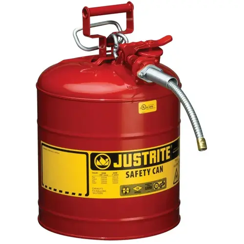 Justrite 7250120 Type II AccuFlow Safety Can, Gas, 5 gal, Red, Includes 5/8 in OD Flexible Metal Hose