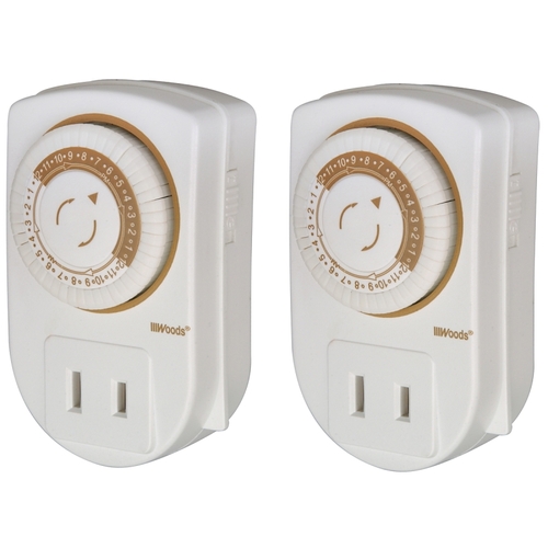 Woods 50006 Mechanical Timer, 15 A, 125 V, 1875 W, 24 hr Time Setting, 24 On/Off Cycles Per Day Cycle, White - pack of 2