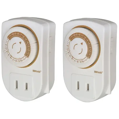 Mechanical Timer, 15 A, 125 V, 1875 W, 24 hr Time Setting, 24 On/Off Cycles Per Day Cycle, White - pack of 2