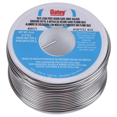 Oatey 53171 Rosin Core Wire Solder, 1/2 lb, Solid, Silver, 450 to 464 deg F Melting Point
