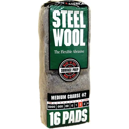 Steel Wool, #2 Grit, Medium, Gray - pack of 16