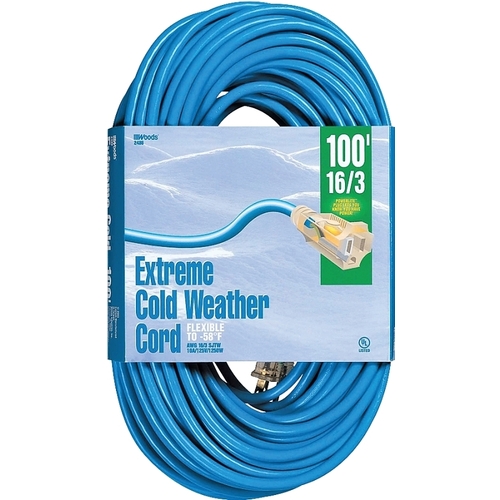 Extension Cord, 16 AWG Cable, 100 ft L, 10 A, 125 V, Bright Blue