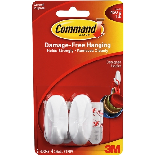 Command 17082 Designer Hook, 1/4 in Opening, 1 lb, 2-Hook, Plastic, White - pack of 2