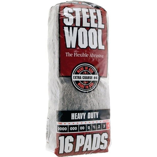 Steel Wool, #4 Grit, Extra Coarse, Gray - pack of 16