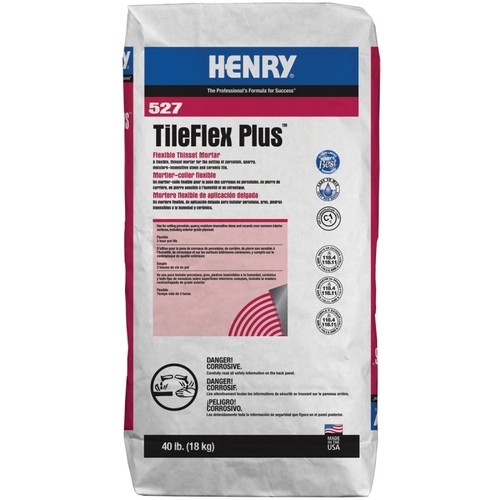 HENRY 13080 527 TileFlex Plus Series Thin-Set Mortar, Gray, Fine Solid Powder, 40 lb Bag