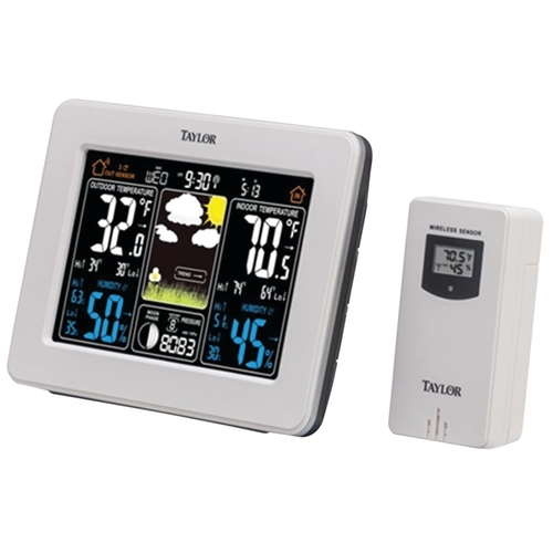 Weather Forecaster, Battery, 122 deg F, 20 to 95 % Humidity Range, LCD Display, White