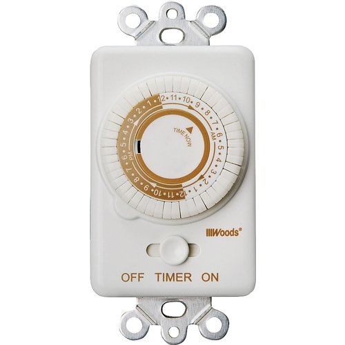Mechanical Timer, 20 A, 125 V, 2500 W, 24 hr Time Setting, 24 On/Off Cycles Per Day Cycle, White