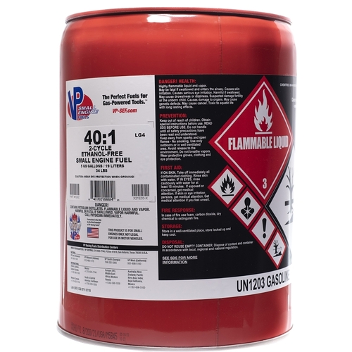 VP Racing Fuels 6292 40:1 Premixed Small Engine Fuel, Aromatic Hydrocarbon, Red, 5 gal Pail