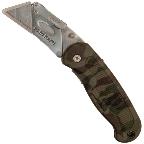 Utility Knife, 2-1/2 in L Blade, Stainless Steel Blade, Curved Handle, Camouflage Handle