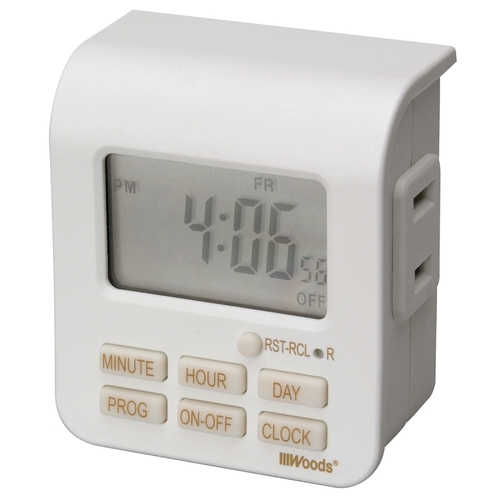 Woods 50008 Digital Timer, 10 A, 125 V, 1250 W, 7 days Time Setting, 20 On/Off Cycles Per Day Cycle, White