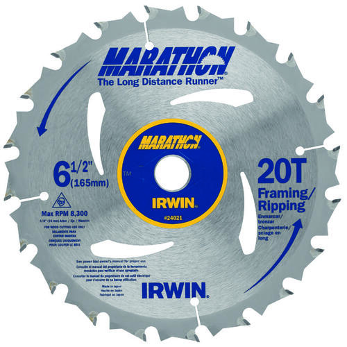 Irwin 24021 Circular Saw Blade, 6-1/2 in Dia, 5/8 in Arbor, 20-Teeth, Carbide Cutting Edge