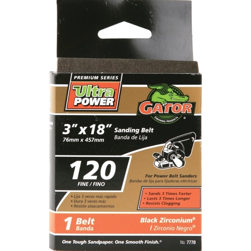 GATOR 7770 Sanding Belt, 3 in W, 18 in L, 120 Grit, Fine, Zirconium Oxide Abrasive Black