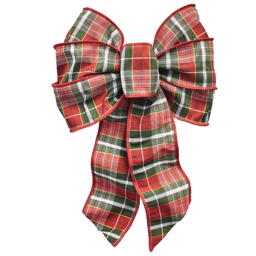 Gift Bow, 8-1/2 x 14 in, Hand Tied Design, Cloth, Green/Gold/Red/White