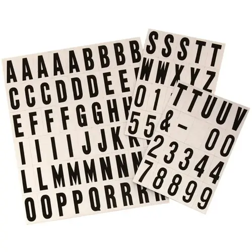 Packaged Number and Letter Set, 3/4 in H Character, Black Character, Silver Background, Vinyl - pack of 10