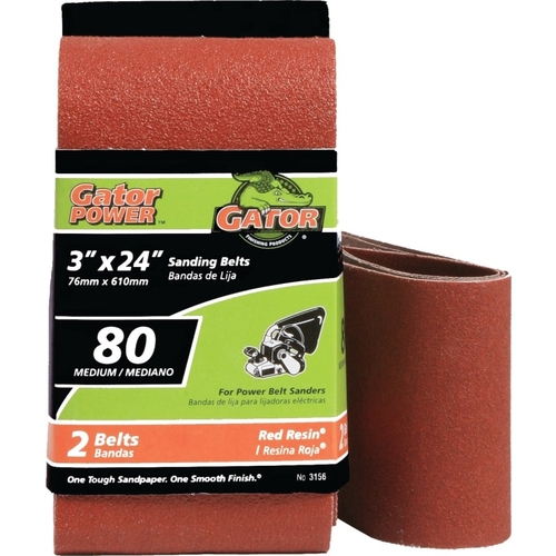 GATOR 3156 Sanding Belt, 3 in W, 24 in L, 80 Grit, Medium, Aluminum Oxide Abrasive - pack of 2