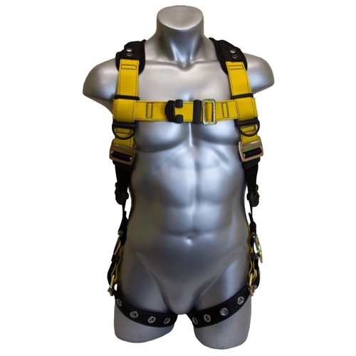 GUARDIAN FALL PROTECTION 37114 3 Series Full Body Harness, XL/2XL, 130 to 420 lb, Polyester Webbing, Black/Yellow
