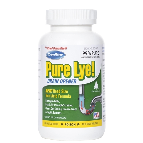 Pure Lye Drain Opener, Beads, Flakes, Clear/White, Sharp, 1 lb Bottle