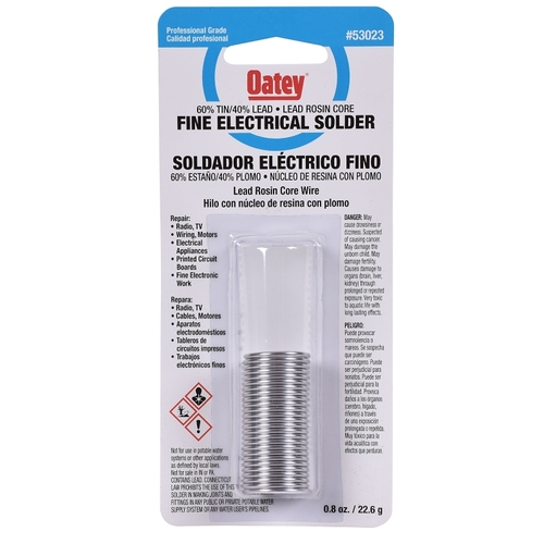 Oatey 53023 Rosin Core Solder, 0.8 oz Carded, Solid, Silver, 361 to 375 deg F Melting Point