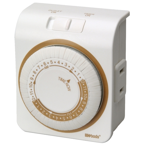 Woods 50000 Mechanical Timer, 15 A, 125 V, 1875 W, 24 hr Time Setting, 24 On/Off Cycles Per Day Cycle, White