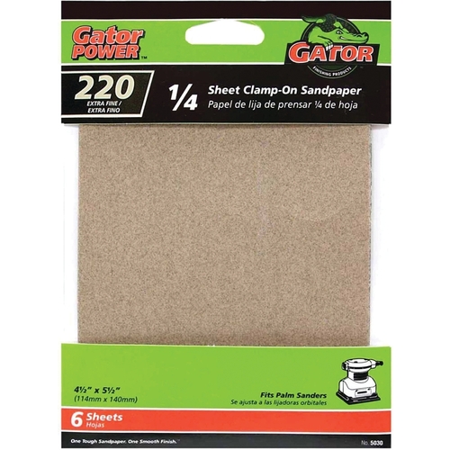 GATOR 5030 Sanding Sheet, 4-1/2 in W, 5-1/2 in L, 220 Grit, Extra Fine, Aluminum Oxide Abrasive, Paper Backing - pack of 6