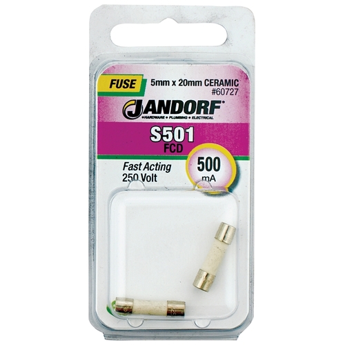 Jandorf 60727 Fast Acting Fuse, 500 mA, 250 V, 1500 A Interrupt, Ceramic Body