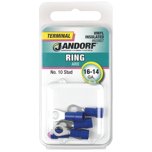 Ring Terminal, 16 to 14 AWG Wire, #10 Stud, Vinyl Insulation, Copper Contact, Blue