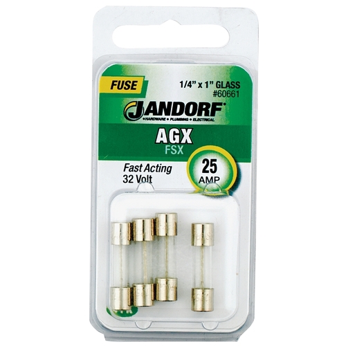 Jandorf 60661 Fast Acting Fuse, 25 A, 32 V, 100, 1000 A Interrupt, Glass Body