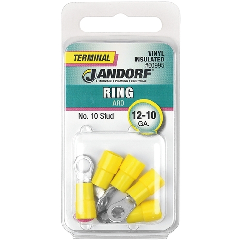 Ring Terminal, 12 to 10 AWG Wire, #10 Stud, Vinyl Insulation, Copper Contact, Yellow