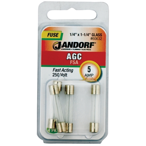 Jandorf 60632 Fast Acting Fuse, 5 A, 250 V, 200 A, 10 kA Interrupt, Glass Body