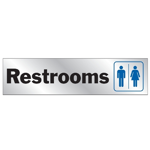 Sign, Restrooms, Silver Background, Vinyl, 2 x 8 in Dimensions