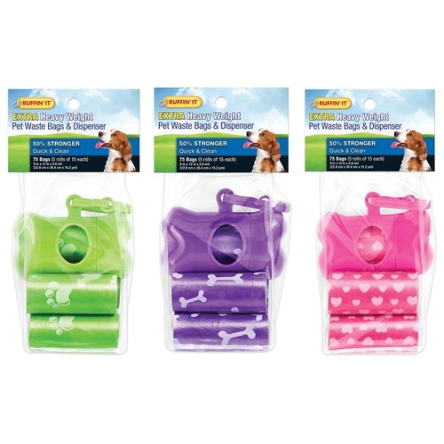 BAG DOG WASTE W/DISP 75CT Green/Pink/Purple - pack of 5