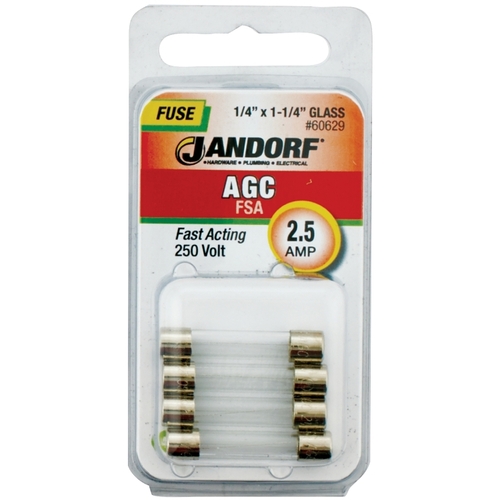 Jandorf 60629 Fast Acting Fuse, 2.5 A, 250 V, 100 A, 10 kA Interrupt, Glass Body