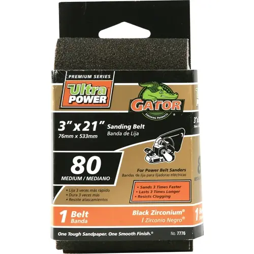 GATOR 7776 Sanding Belt, 3 in W, 21 in L, 80 Grit, Medium, Zirconium Oxide Abrasive Black