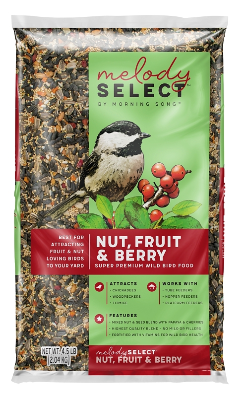 Morning Song 14063 Melody Select Series Wild Bird Food, Premium, Chunky, Berry, Fruit, Nut Flavor, 4.5 lb Bag