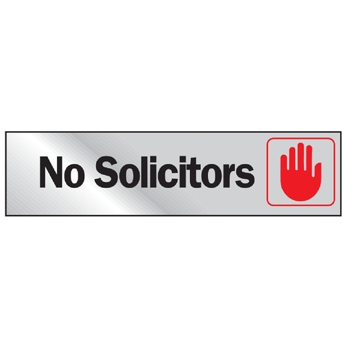 Graphic Sign, No Solicitors, Silver Background, Vinyl, 2 in H x 8 in W Dimensions