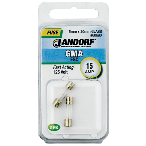 Jandorf 60690 Fast Acting Fuse, 15 A, 125 V, 150 A Interrupt, Glass Body