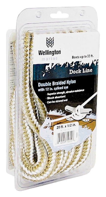 Wellington 57-043 Dock Line, 1/2 in Dia, 20 ft L, 320 lb Working Load, Nylon, Gold/White