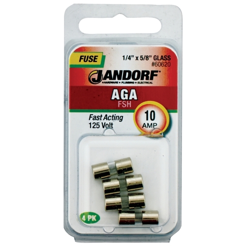 Jandorf 60620 Fast Acting Fuse, 10 A, 125 V, 1 kA Interrupt, Glass Body