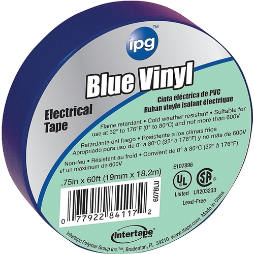 Electrical Tape, 60 ft L, 3/4 in W, Blue